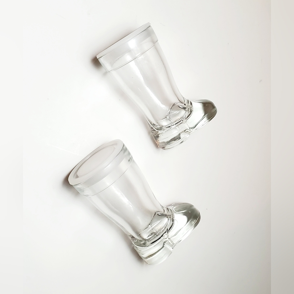 MCM Mod Dep Clear Boot Set of 2 Shot Liqueur Glasses with Lids
